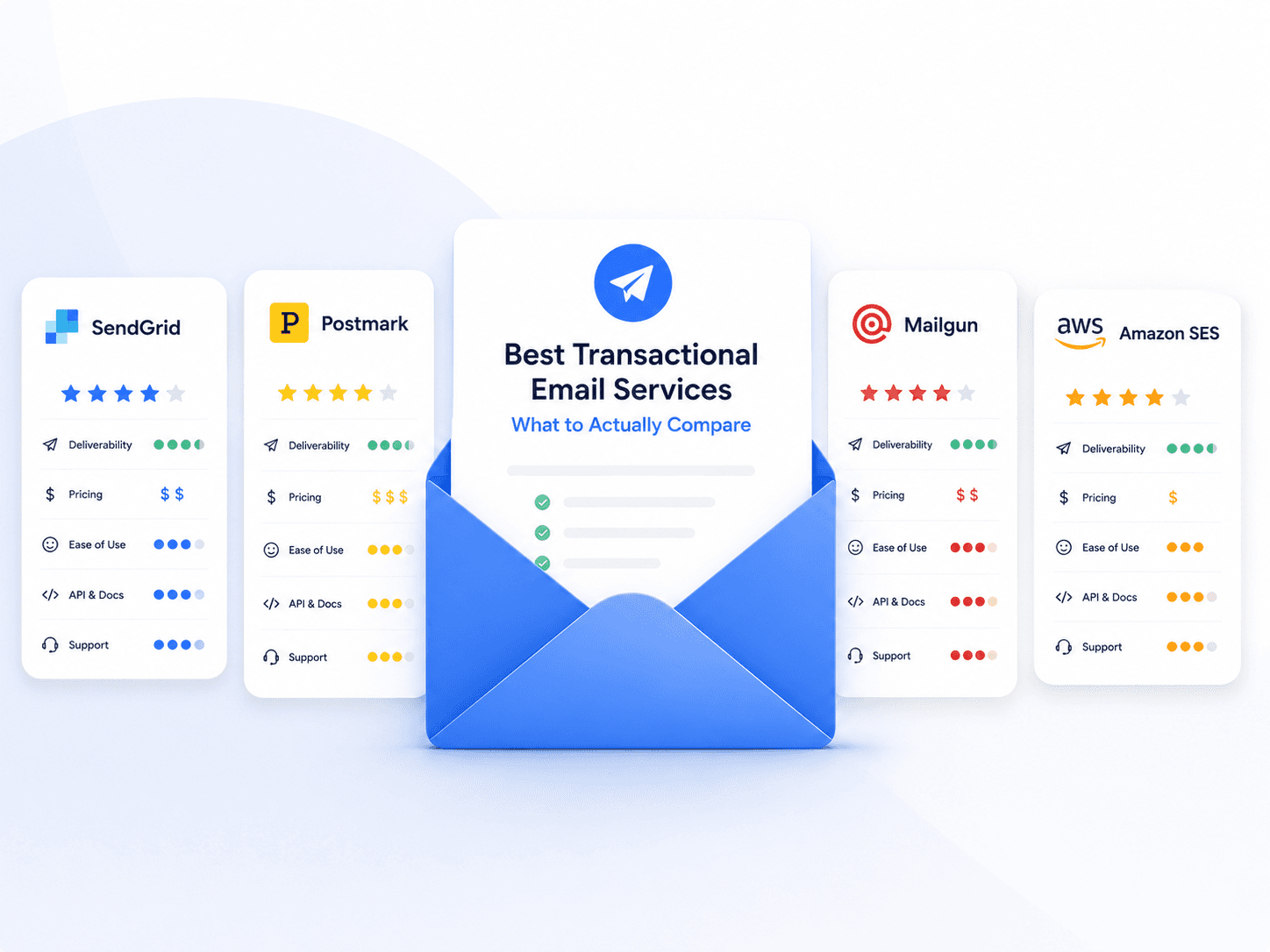 Provider comparison cards rating deliverability, pricing, ease of use, API documentation and support across several transactional email services.