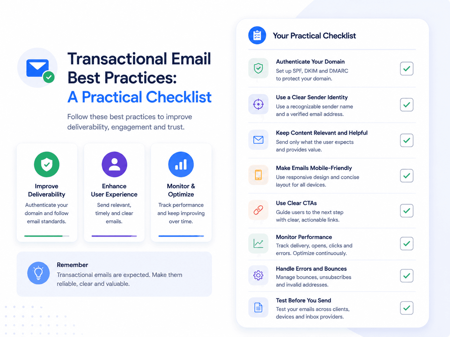 Three cards for deliverability, user experience and monitoring, next to an eight-point checklist covering authentication, sender identity, content and testing.