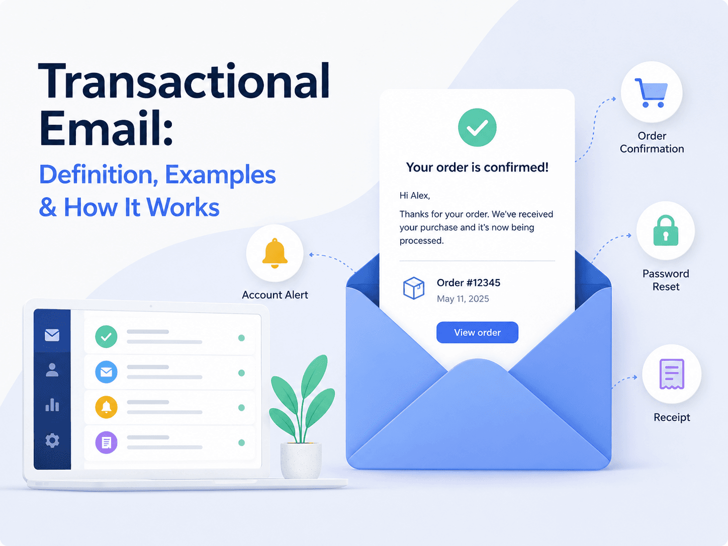 Open envelope showing an order confirmation email, surrounded by icons for order confirmation, password reset, receipt and account alert.