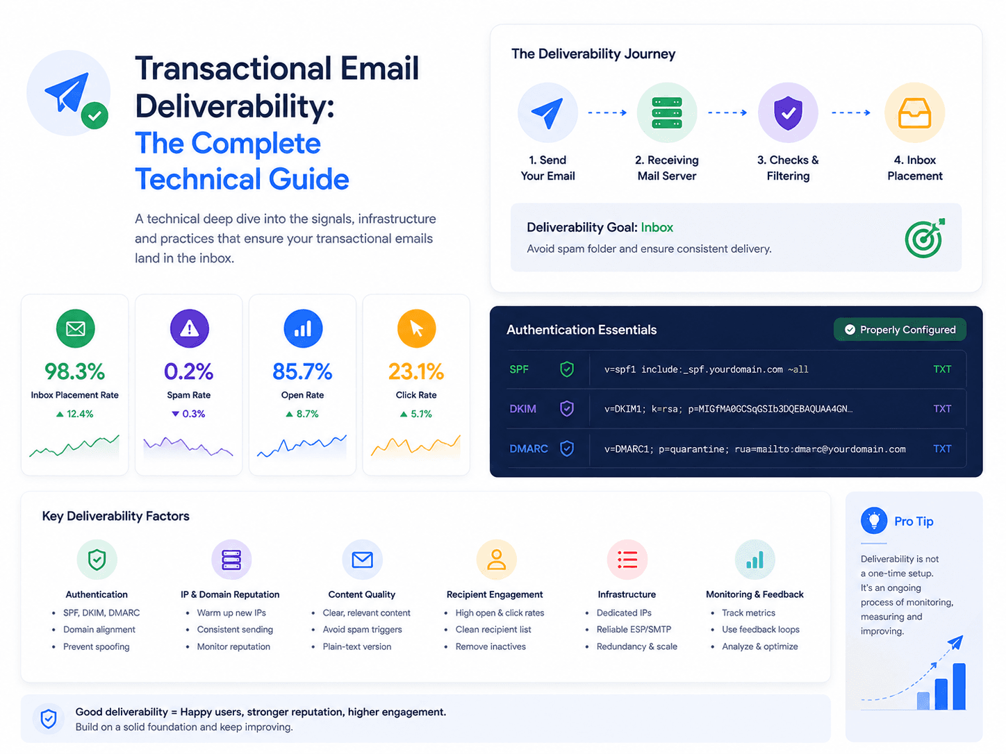 Dashboard with inbox placement, spam, open and click rate metrics, a four-step delivery journey and SPF, DKIM and DMARC records.