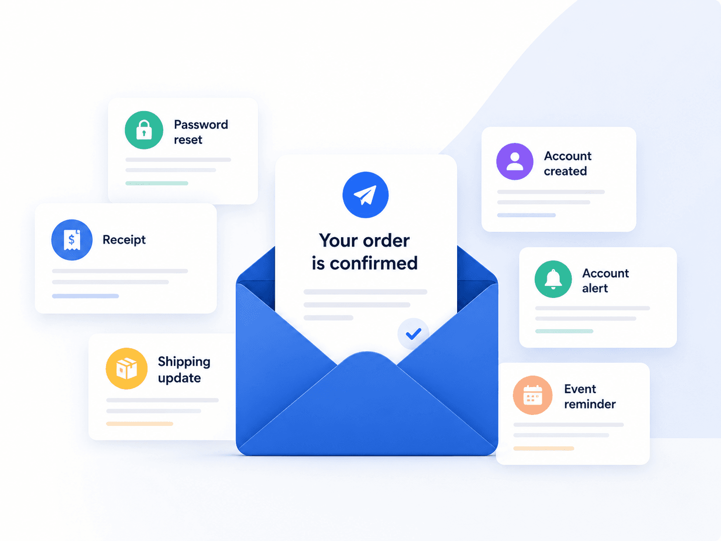 Open envelope surrounded by cards for password reset, receipt, shipping update, account created, account alert and event reminder.
