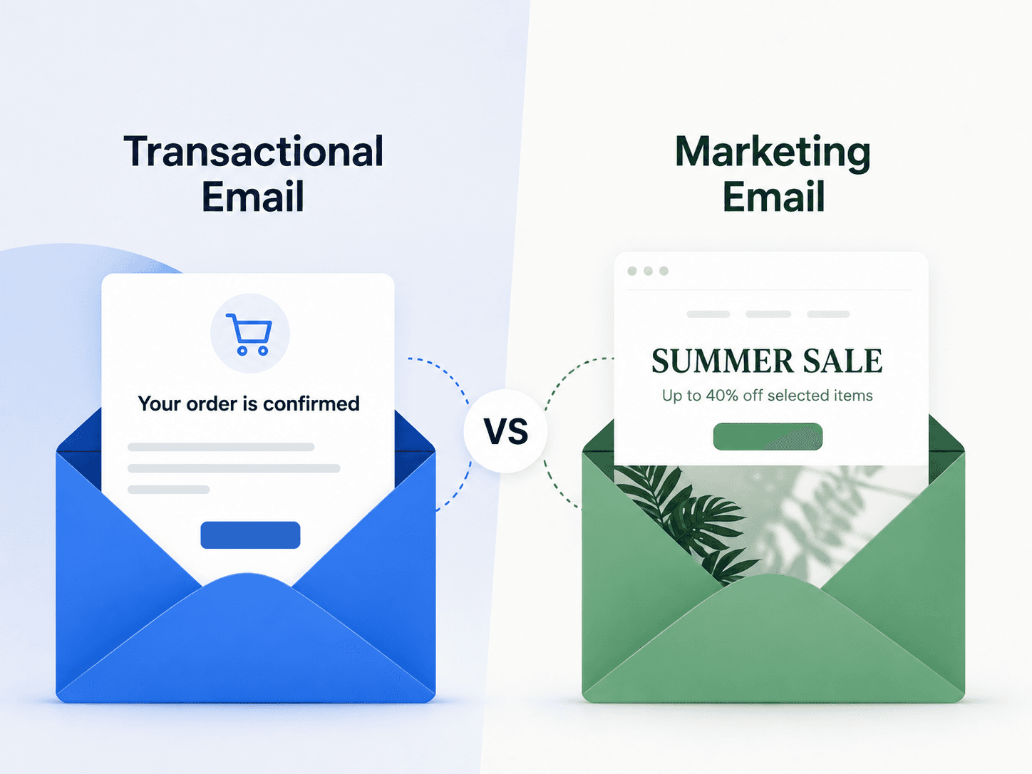 Two envelopes side by side: a blue one holding an order confirmation email and a green one holding a Summer Sale promotion.
